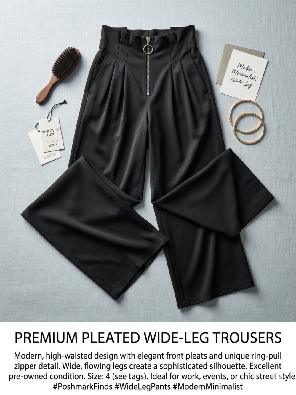 Black Wide-Leg High-Waist Pants with Front Zip Ring